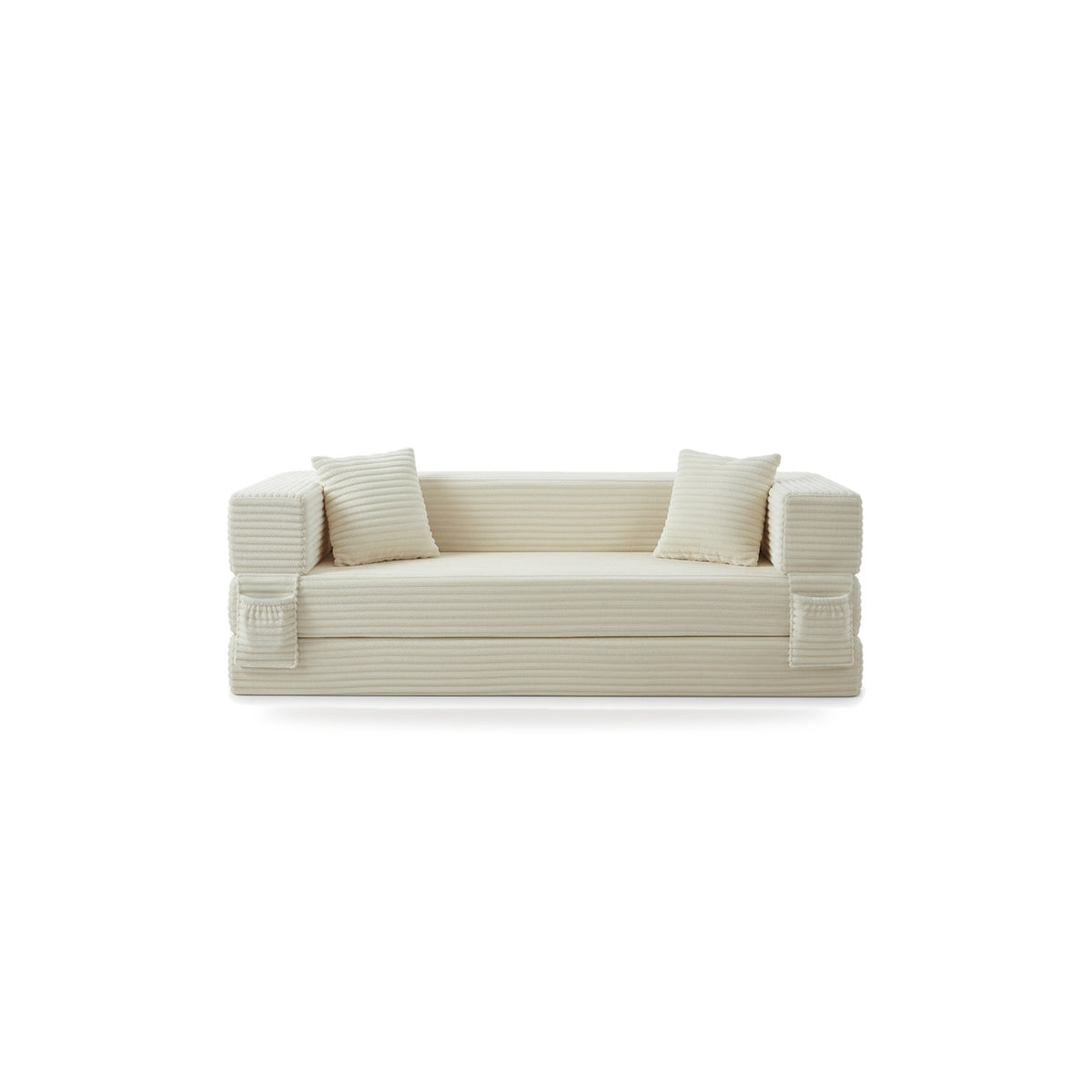 Pouf lit pliant en velours côtelé, coloris crème, face, fond blanc