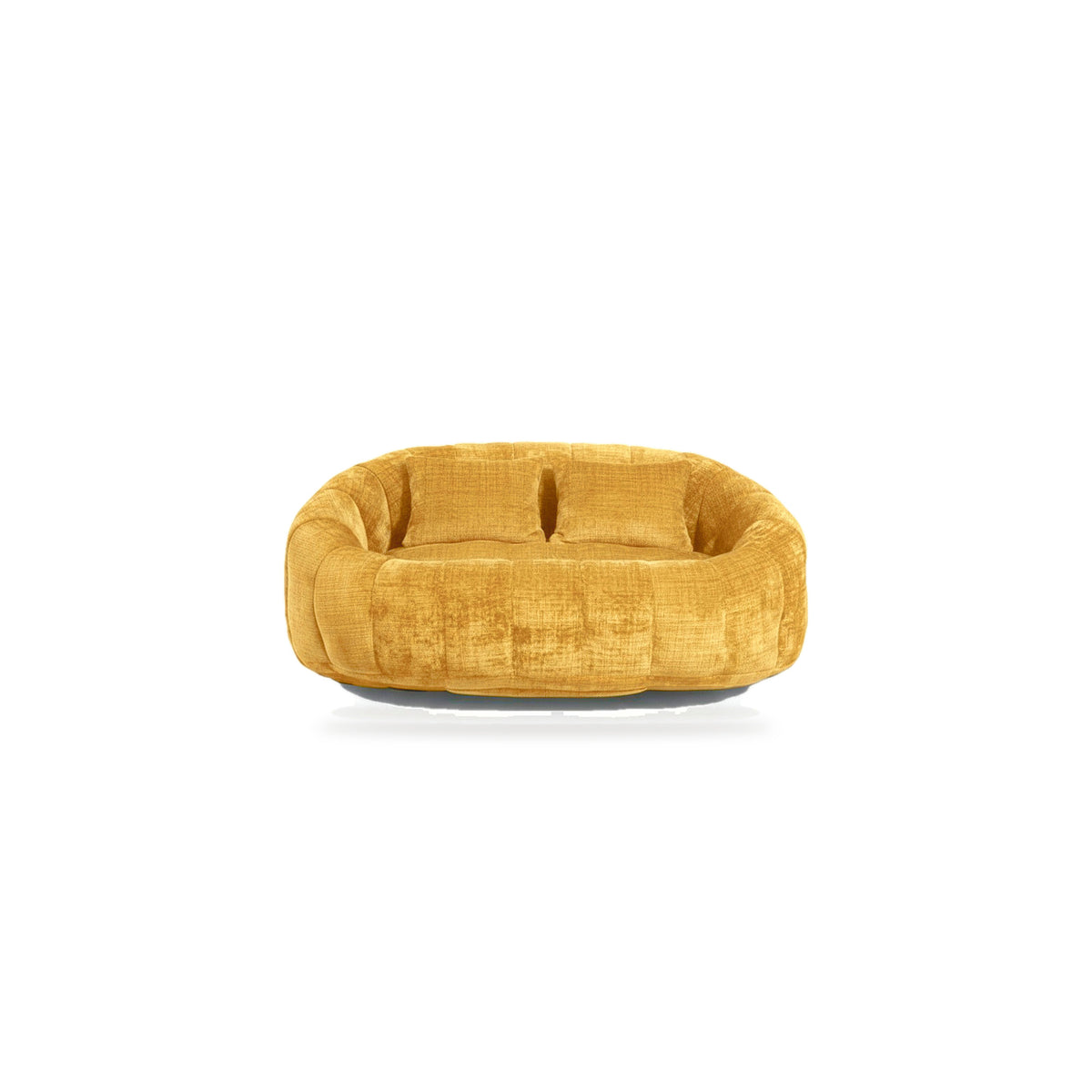 Canapé pouf 2 places en chenille, coloris jaune moutarde, face, fond blanc