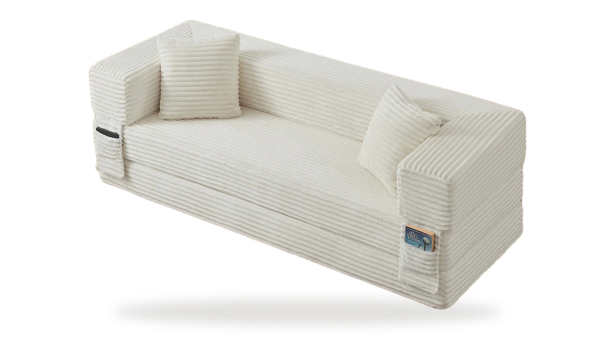 Pouf lit pliant en velours côtelé, coloris crème, trois quarts avant, fond blanc