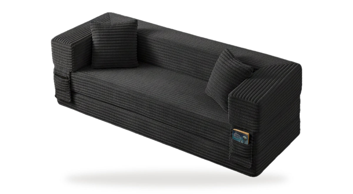Pouf lit pliant en velours côtelé, coloris gris, trois quarts avant, fond blanc