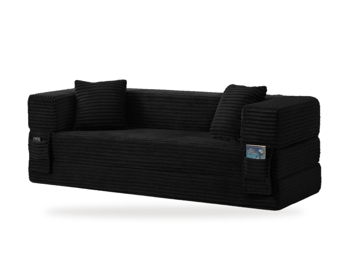 Pouf lit pliant en velours côtelé, coloris noir, trois quarts avant, fond blanc