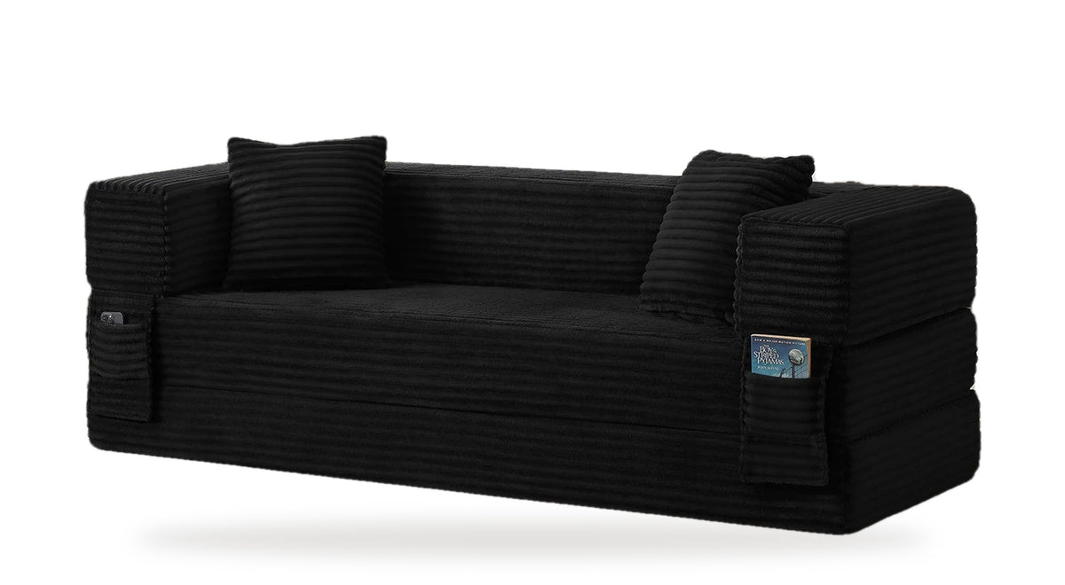 Pouf lit pliant en velours côtelé, coloris noir, trois quarts avant, fond blanc