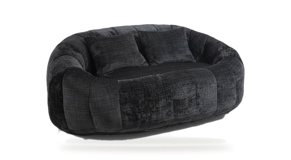 Canapé pouf 2 places en chenille, coloris anthracite, trois quarts avant, fond blanc