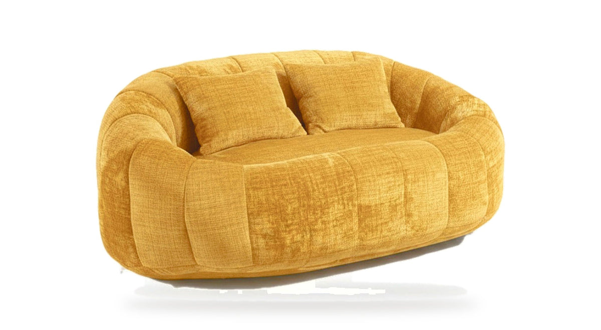 Canapé pouf 2 places en chenille, coloris jaune moutarde, trois quarts avant, fond blanc