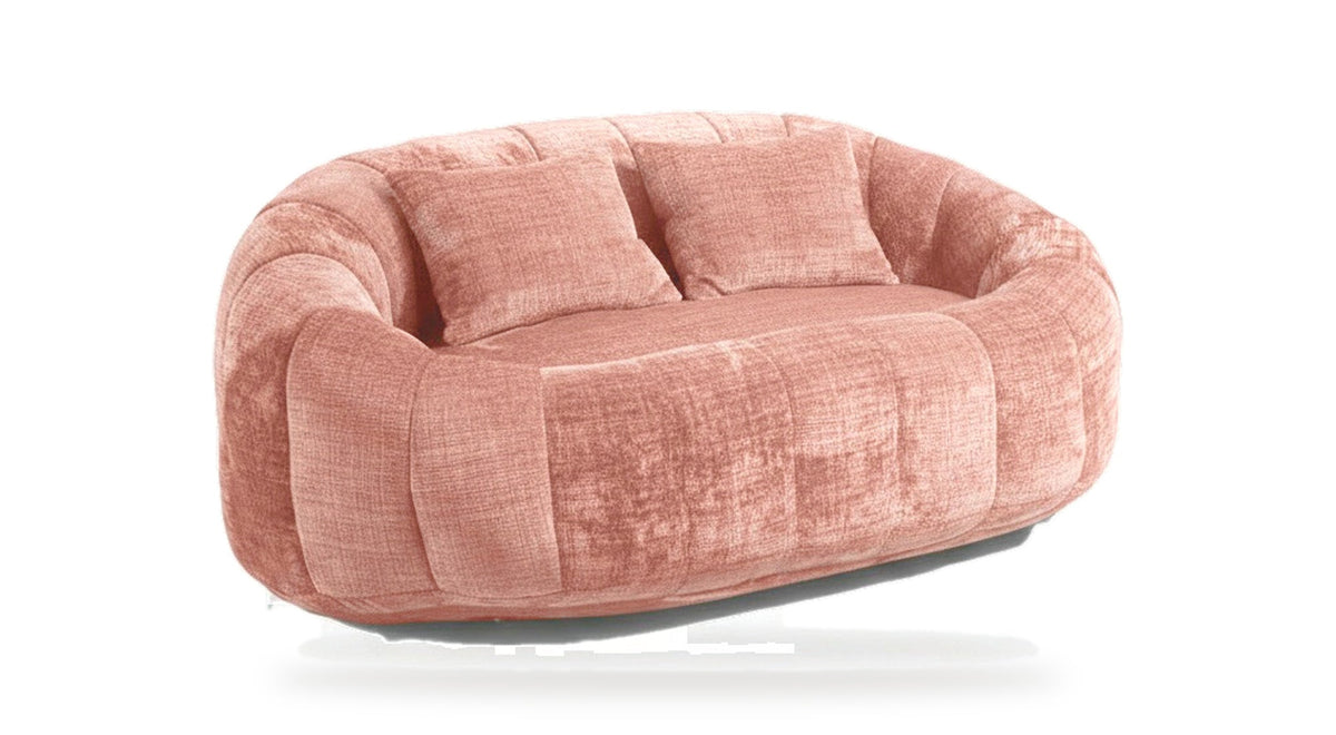 Canapé pouf 2 places en chenille, coloris rose terracotta, trois quarts avant, fond blanc