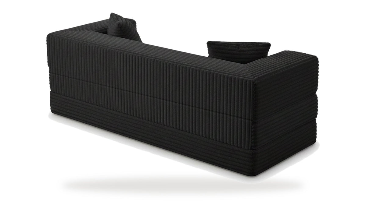 Pouf lit pliant en velours côtelé, coloris gris, trois quarts arrière, fond blanc