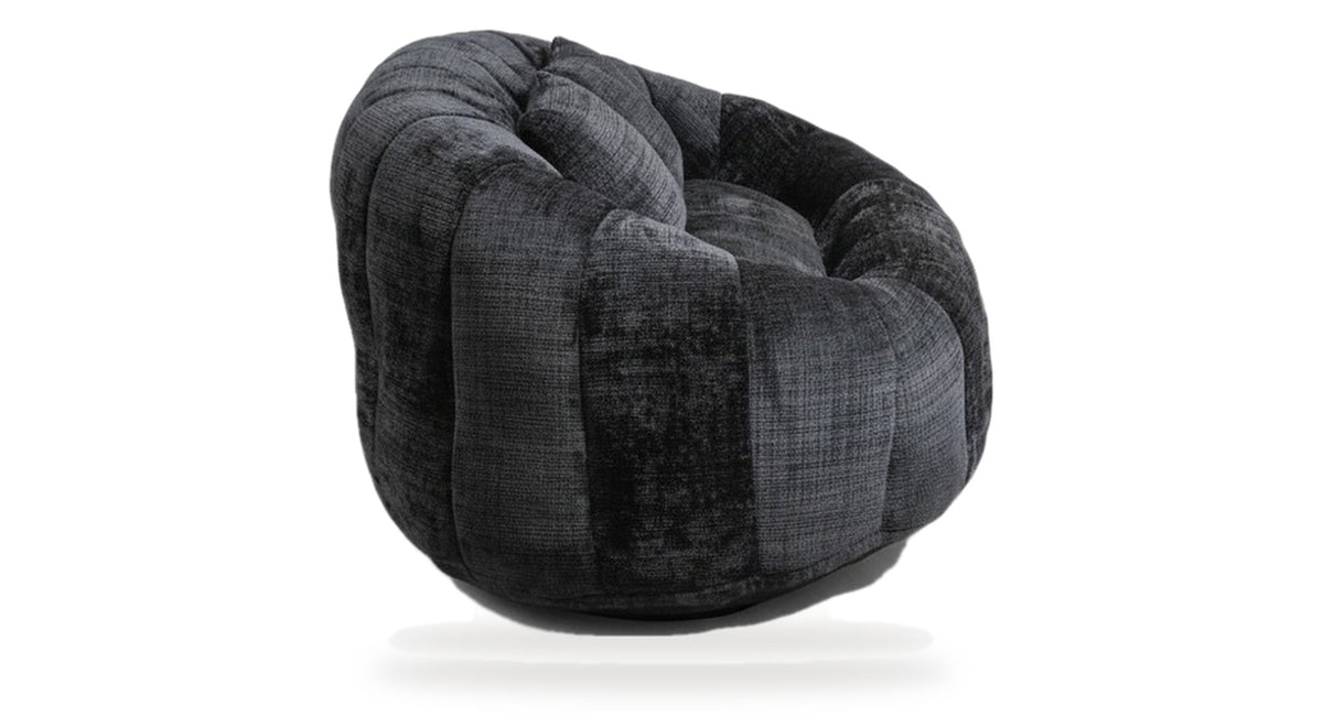 Canapé pouf 2 places en chenille, coloris anthracite, trois quarts arrière, fond blanc