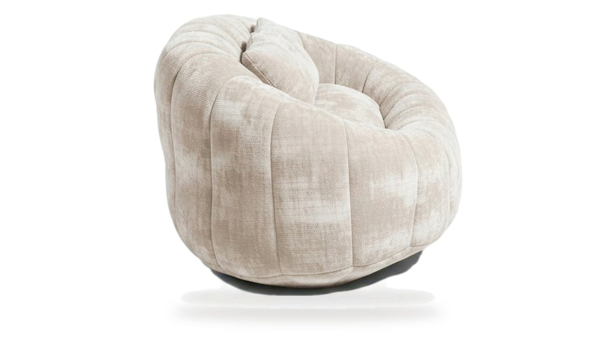 Canapé pouf 2 places en chenille, coloris beige crème, trois quarts arrière, fond blanc