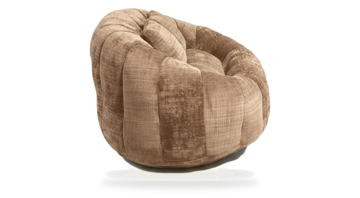 Canapé pouf 2 places en chenille, coloris camel, trois quarts arrière, fond blanc