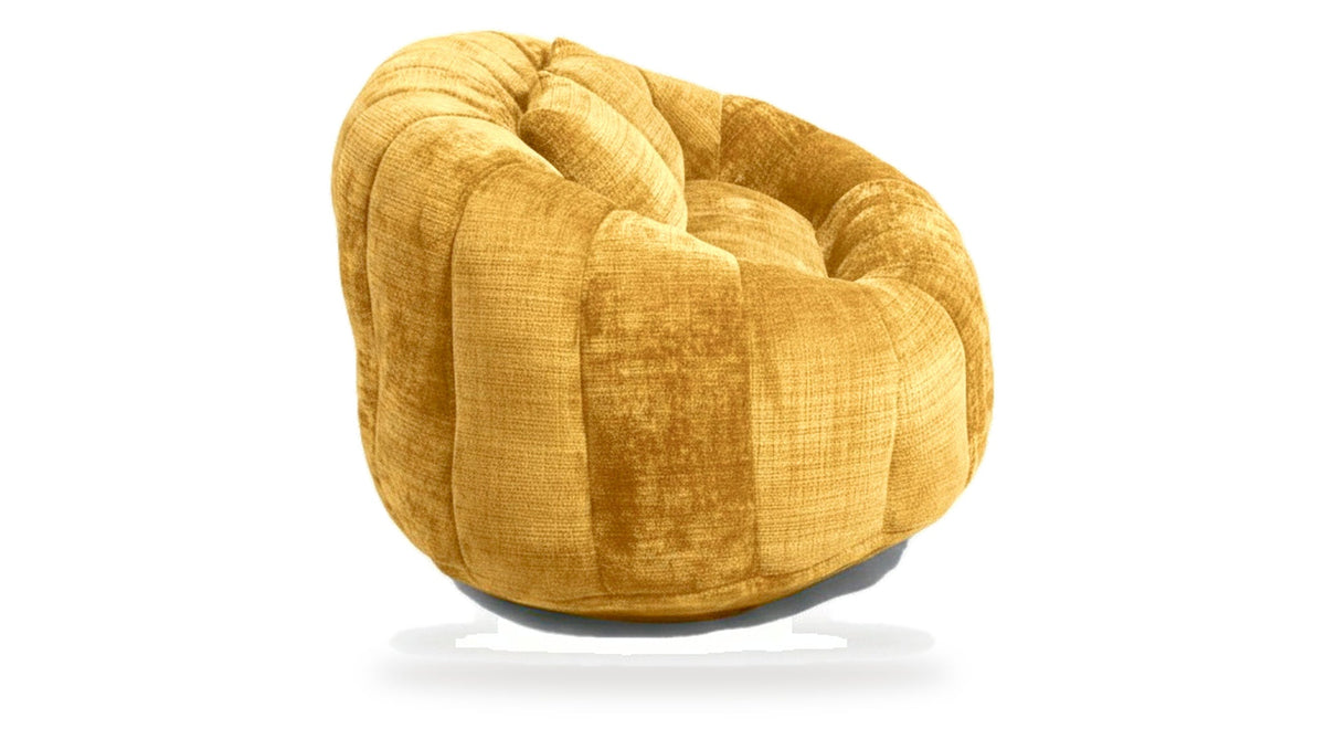 Canapé pouf 2 places en chenille, coloris jaune moutarde, trois quarts arrière, fond blanc