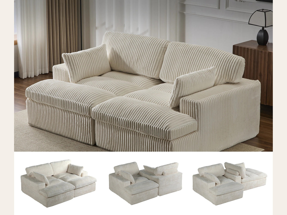 Canapé convertible 4 en 1 en velours côtelé, coloris crème, en situation, chaise longue