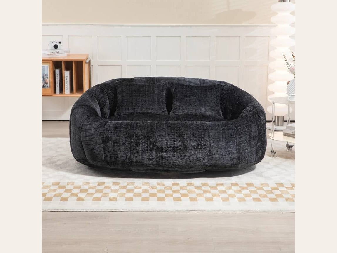 Canapé pouf 2 places en chenille, coloris anthracite, en situation, de face