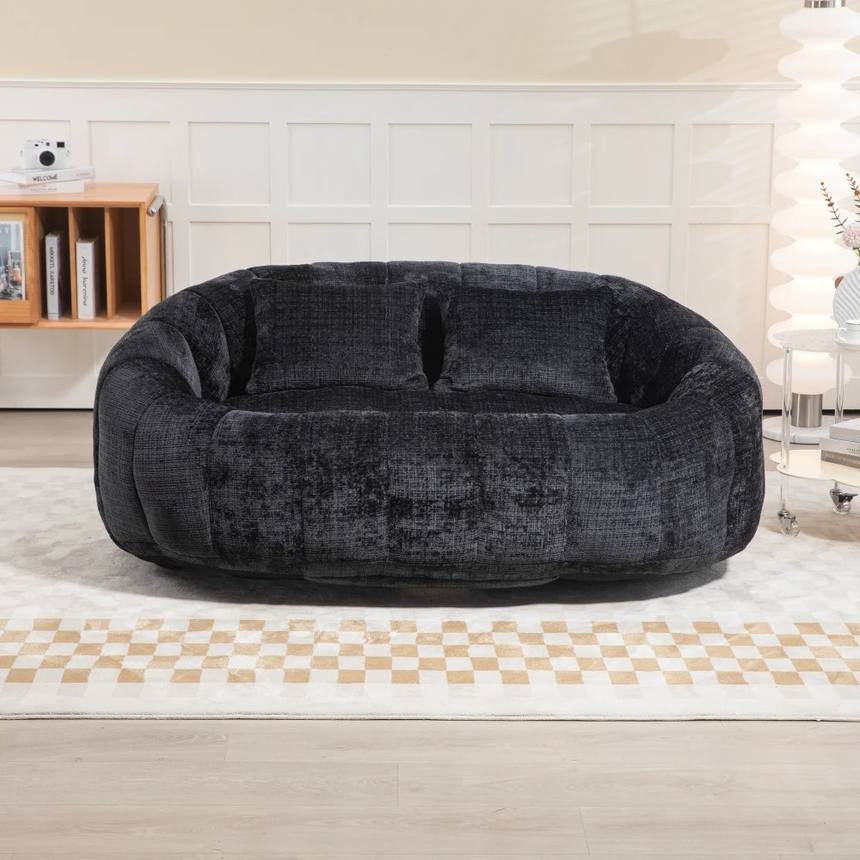 Canapé pouf 2 places en chenille, coloris anthracite, en situation, de face