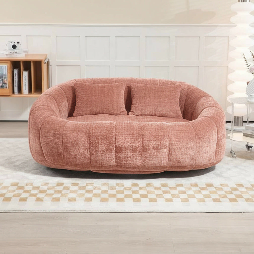 Canapé pouf 2 places en chenille, coloris rose terracotta, en situation, de face