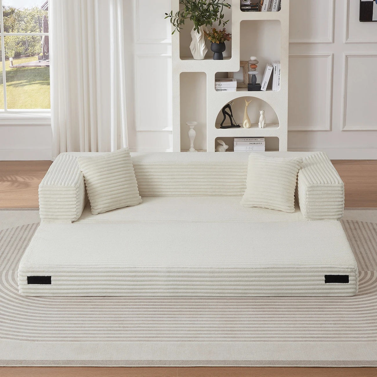 Pouf lit pliant en velours côtelé, coloris crème, déplié en lit