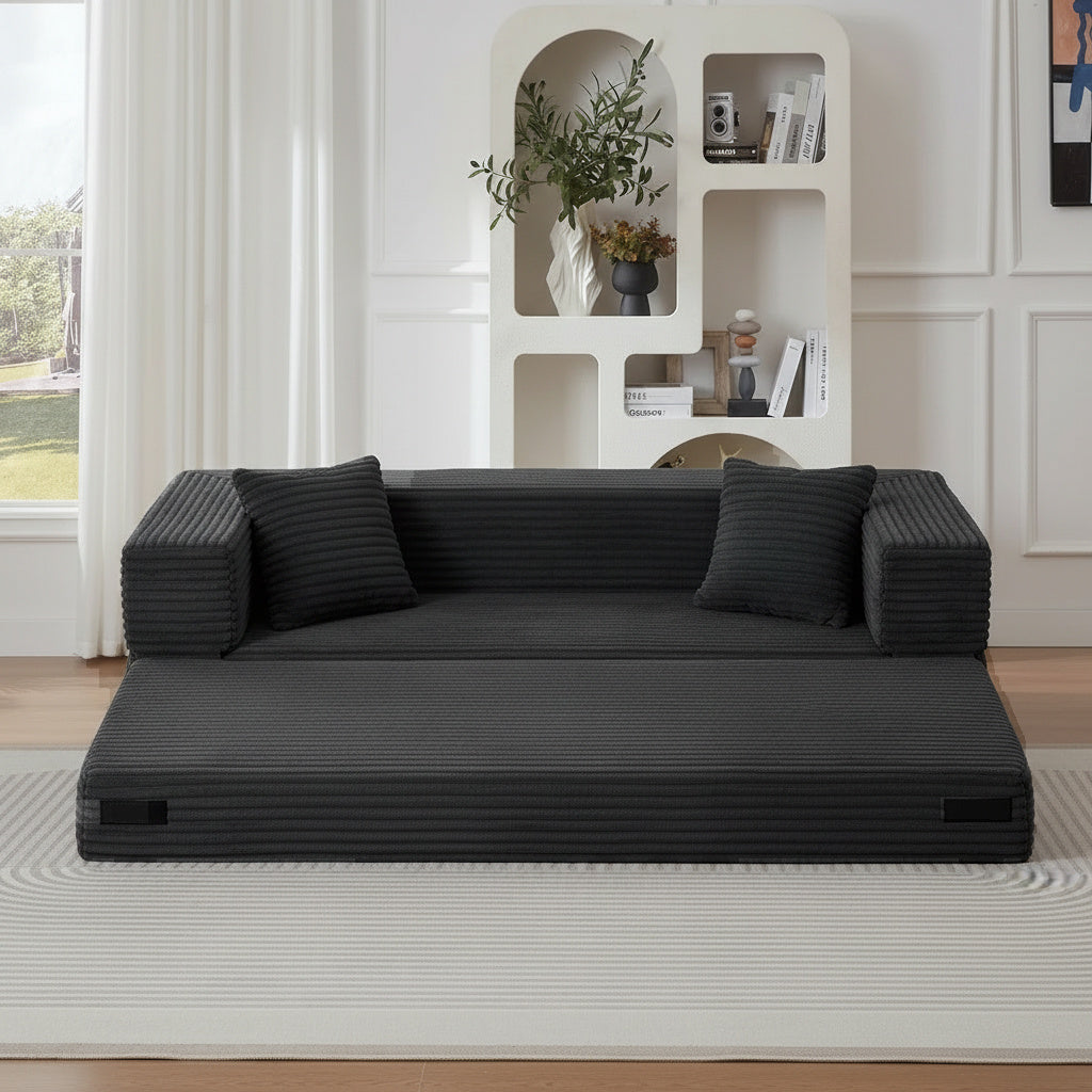 Pouf lit pliant en velours côtelé, coloris gris, déplié en lit
