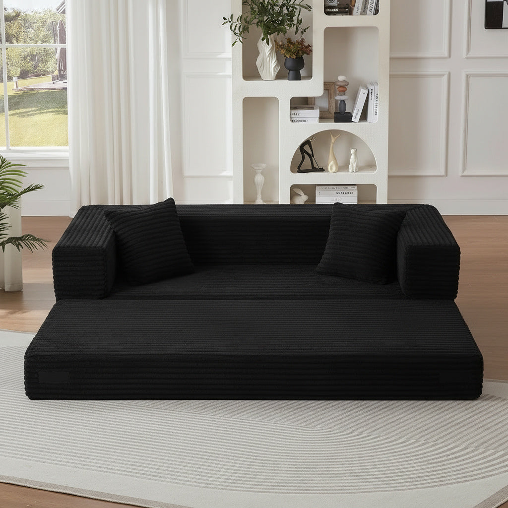 Pouf lit pliant en velours côtelé, coloris noir, déplié en lit