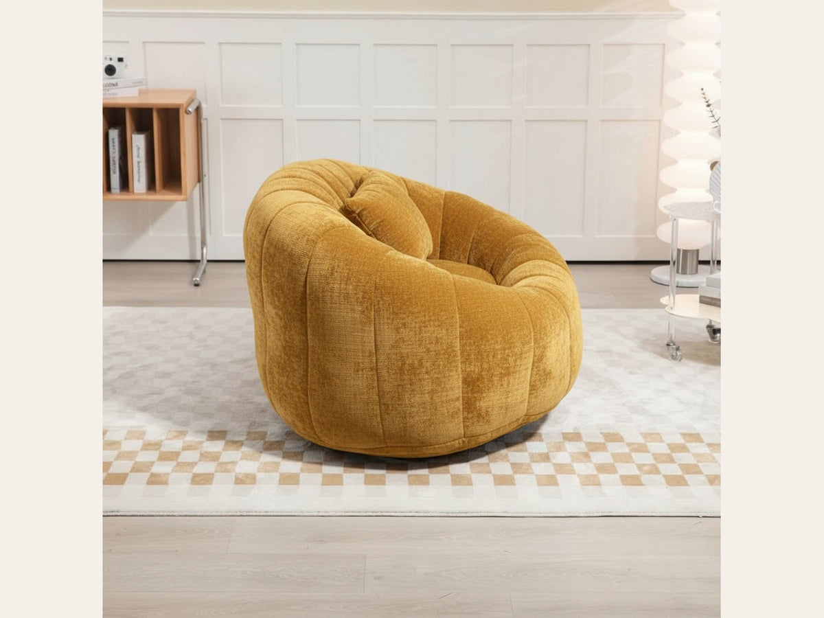 Canapé pouf 2 places en chenille, coloris jaune moutarde, en situation, trois quarts