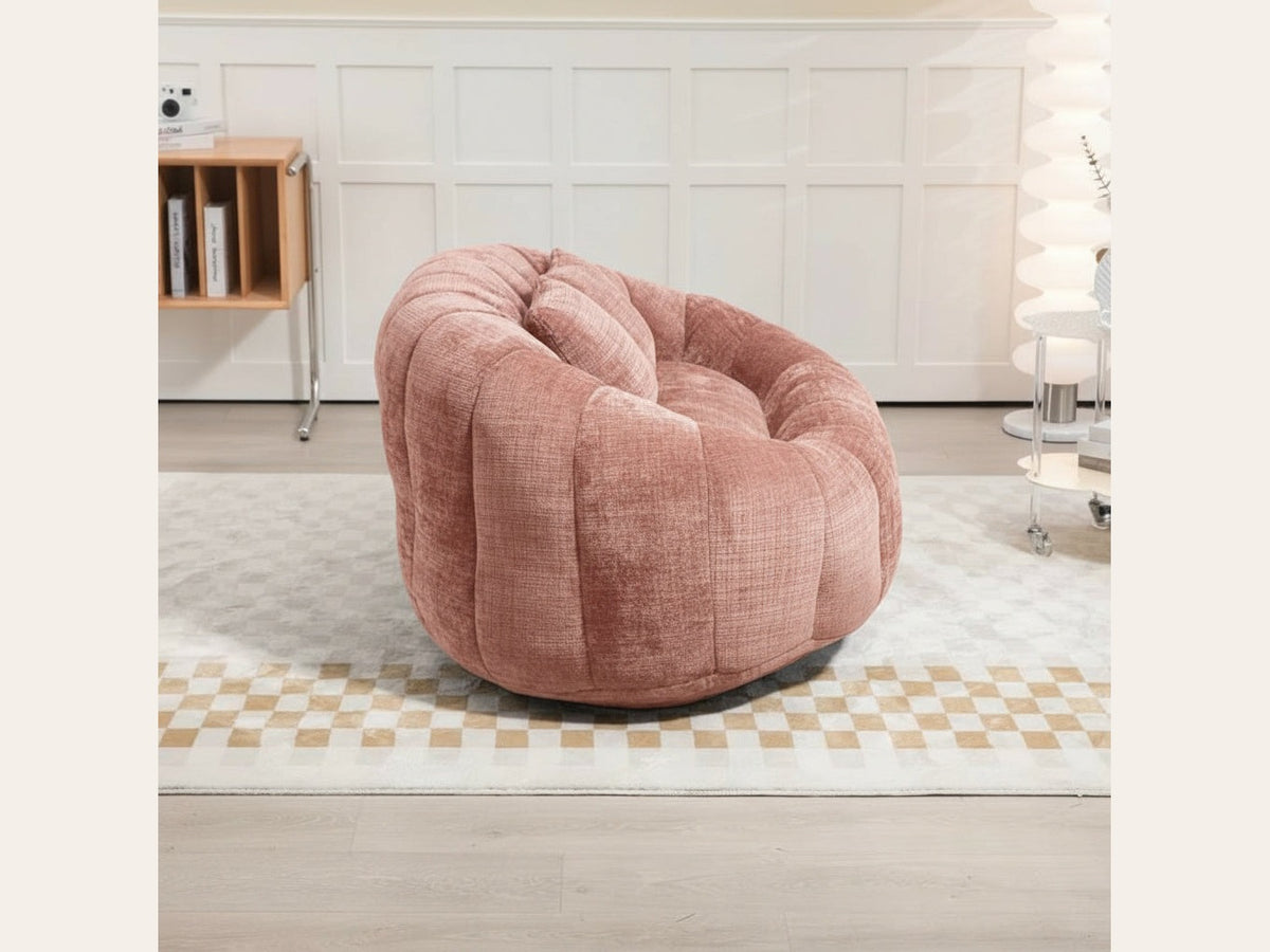 Canapé pouf 2 places en chenille, coloris rose terracotta, en situation, trois quarts