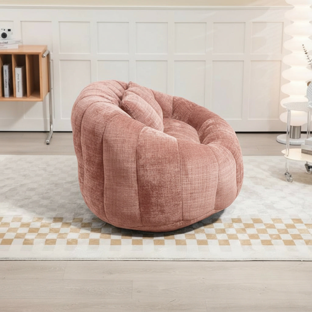 Canapé pouf 2 places en chenille, coloris rose terracotta, en situation, trois quarts