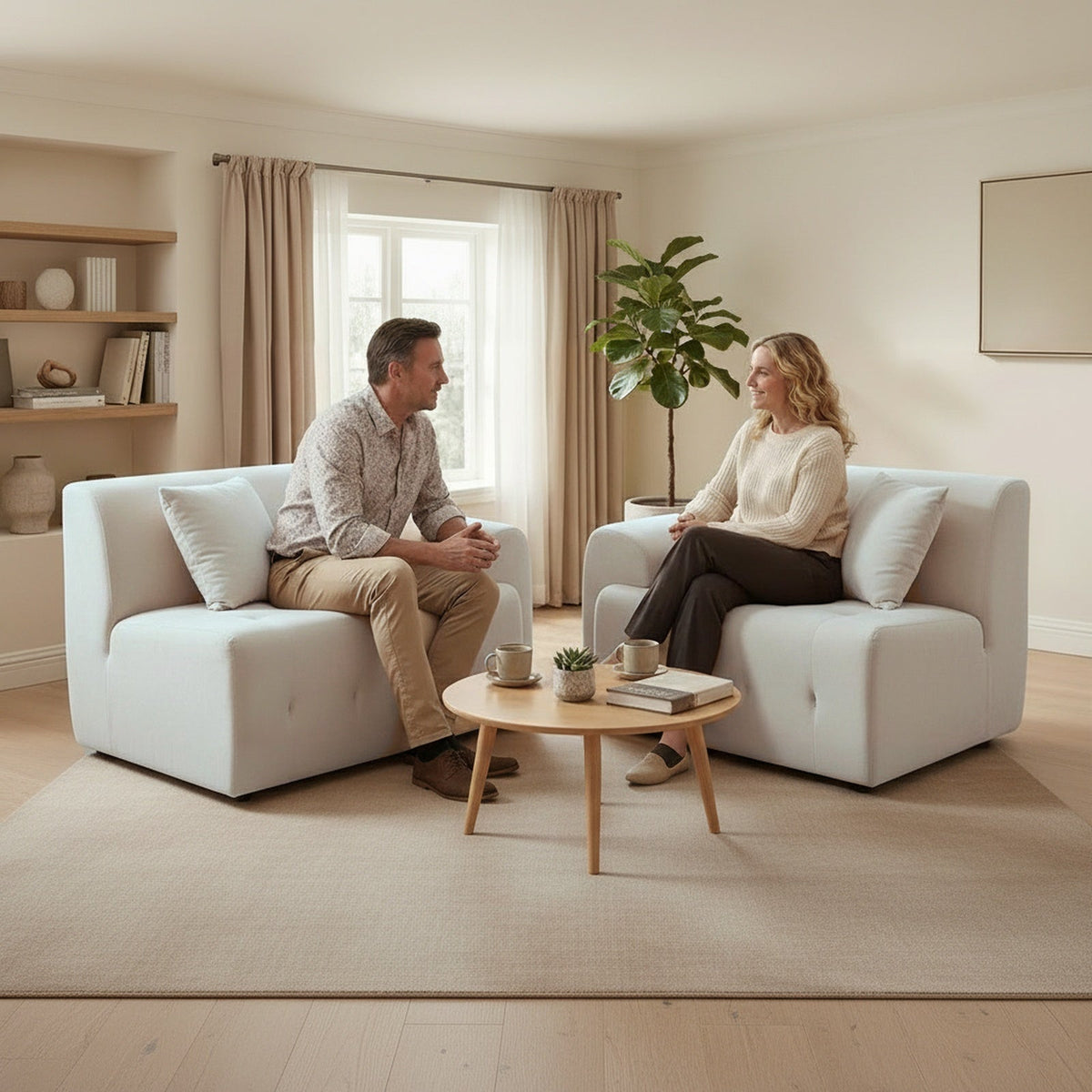Canapé 2 places en velours capitonné, coloris crème, modules en libre disposition