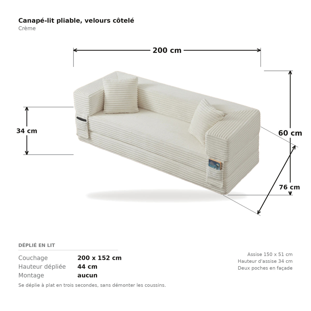 Pouf lit pliant en velours côtelé, coloris crème, planche cotée