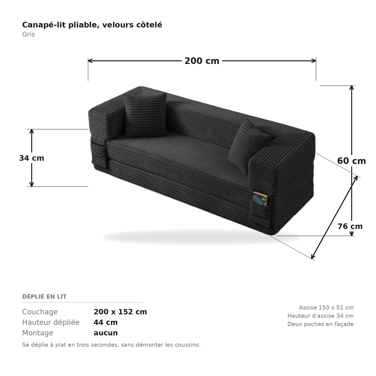 Pouf lit pliant en velours côtelé, coloris gris, planche cotée