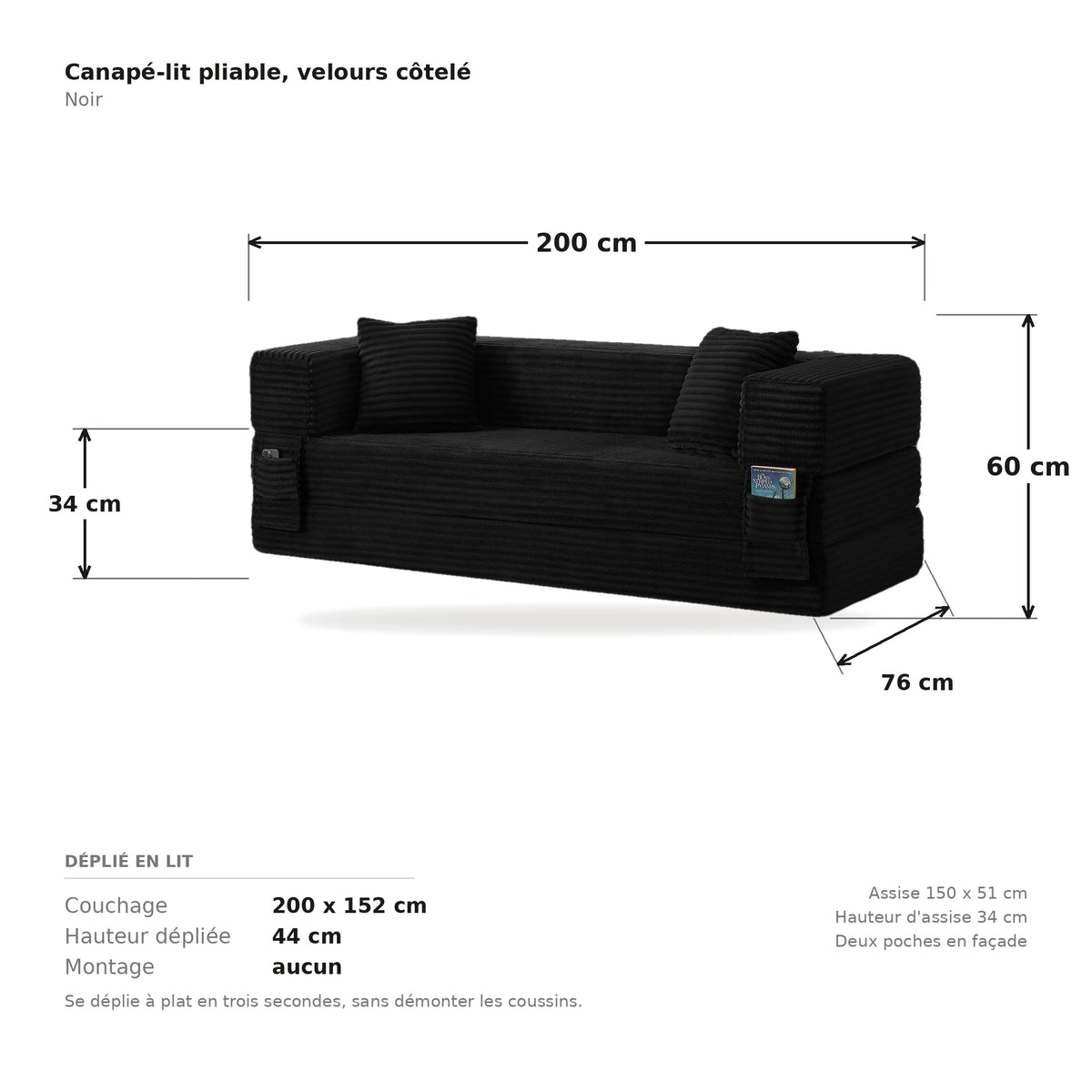 Pouf lit pliant en velours côtelé, coloris noir, planche cotée