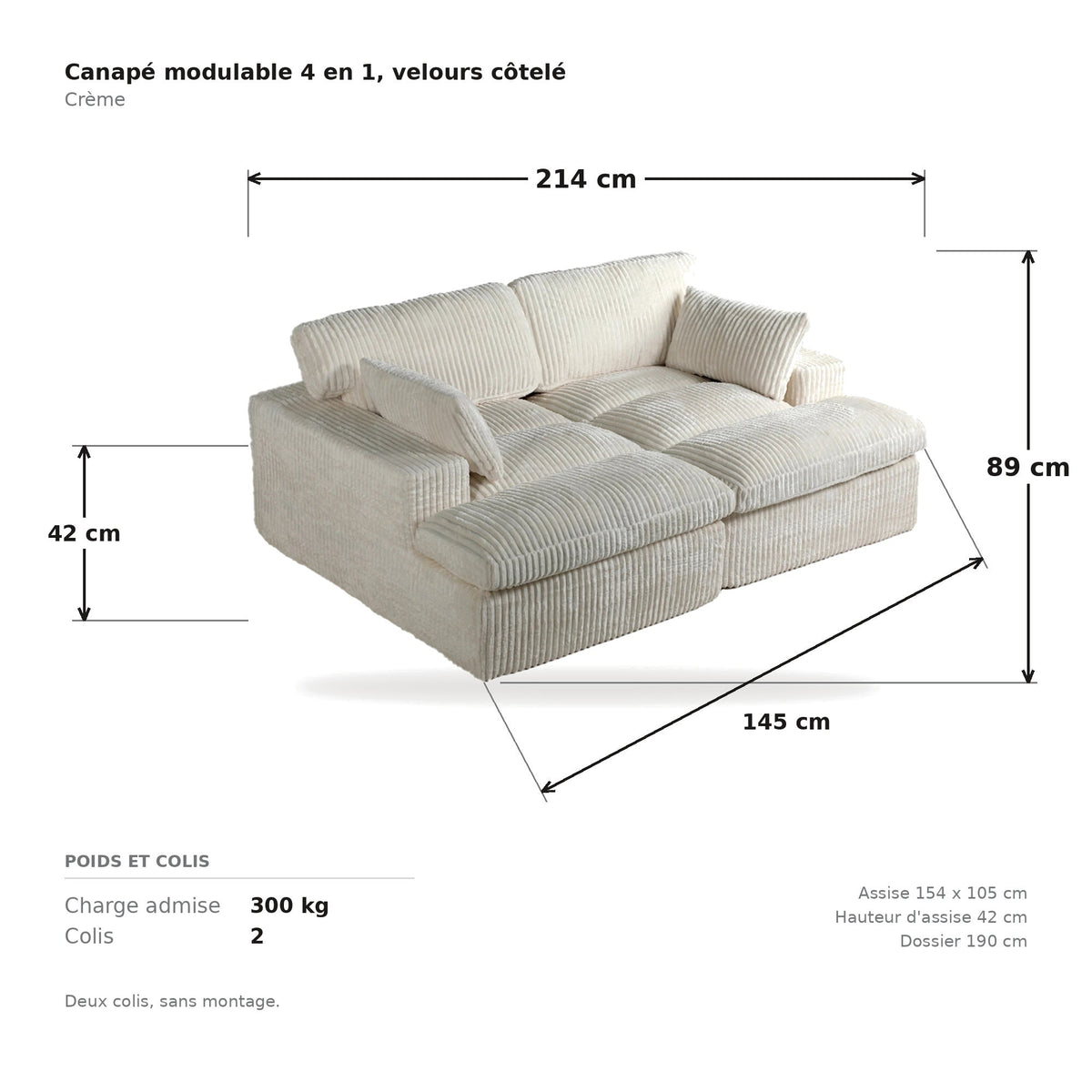Canapé convertible 4 en 1 en velours côtelé, coloris crème, planche cotée