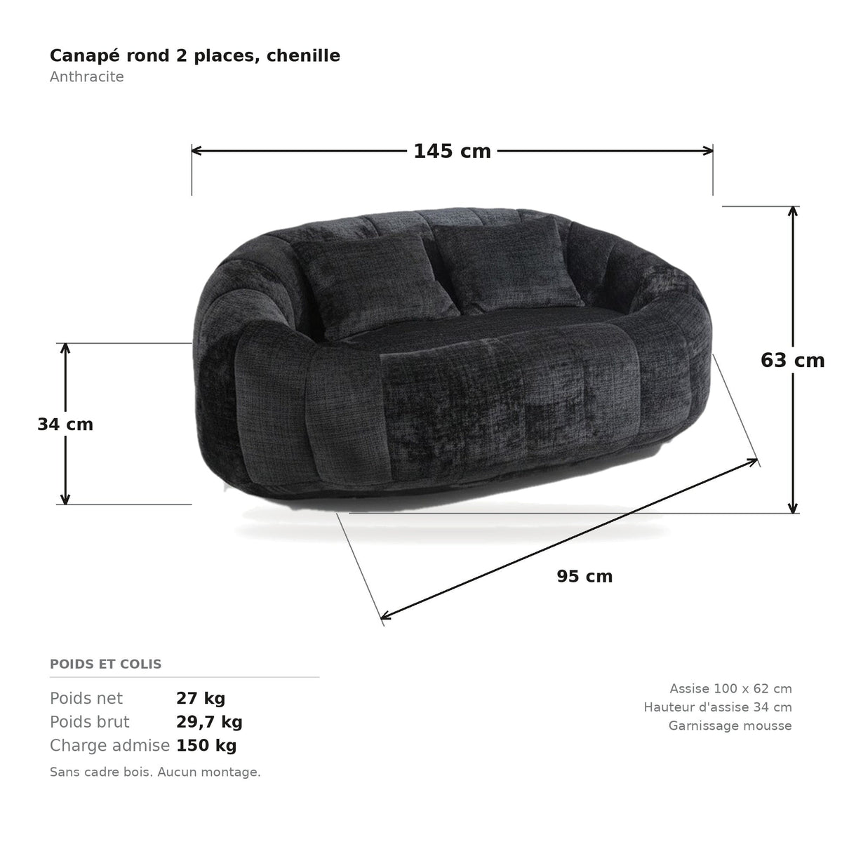 Canapé pouf 2 places en chenille, coloris anthracite, planche cotée