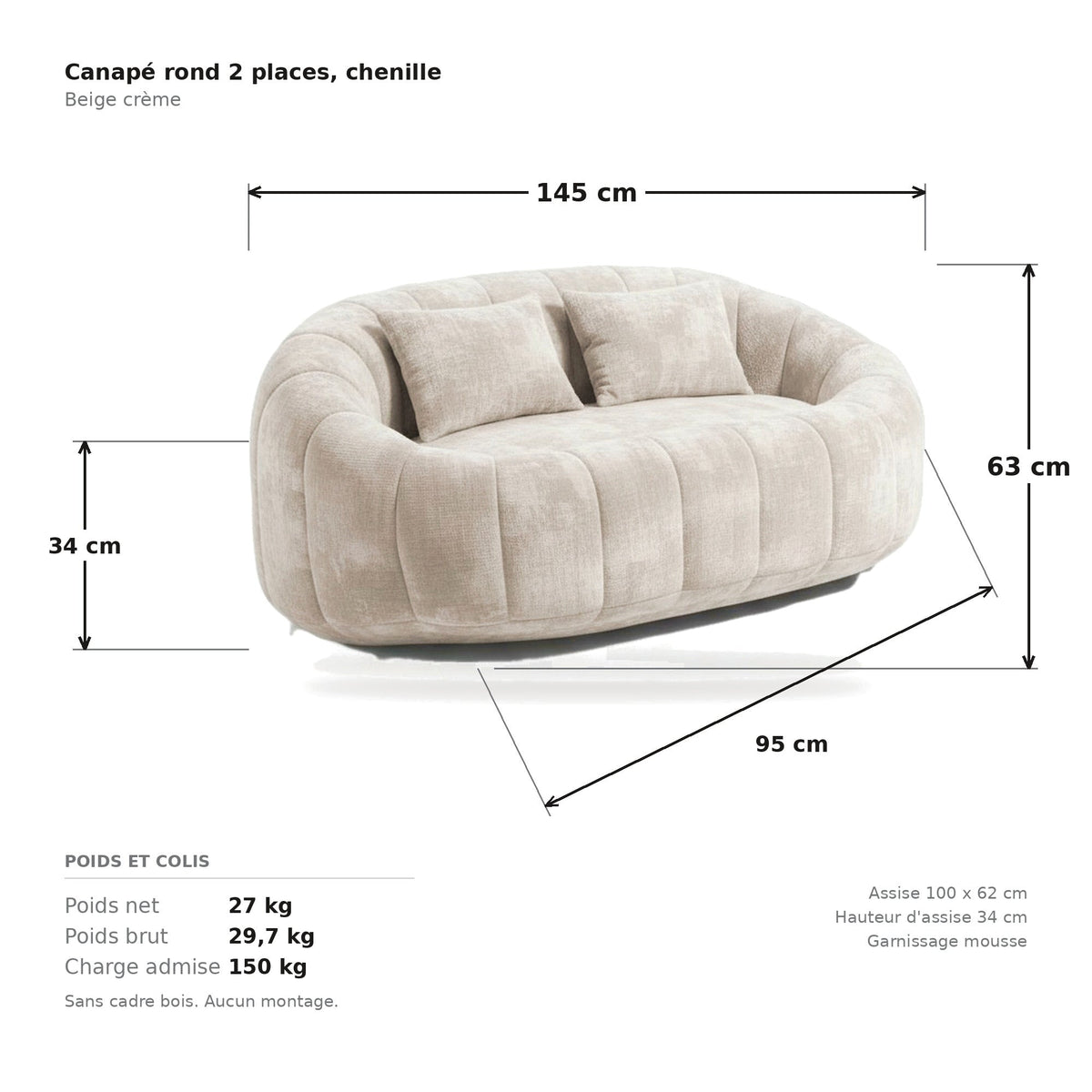 Canapé pouf 2 places en chenille, coloris beige crème, planche cotée