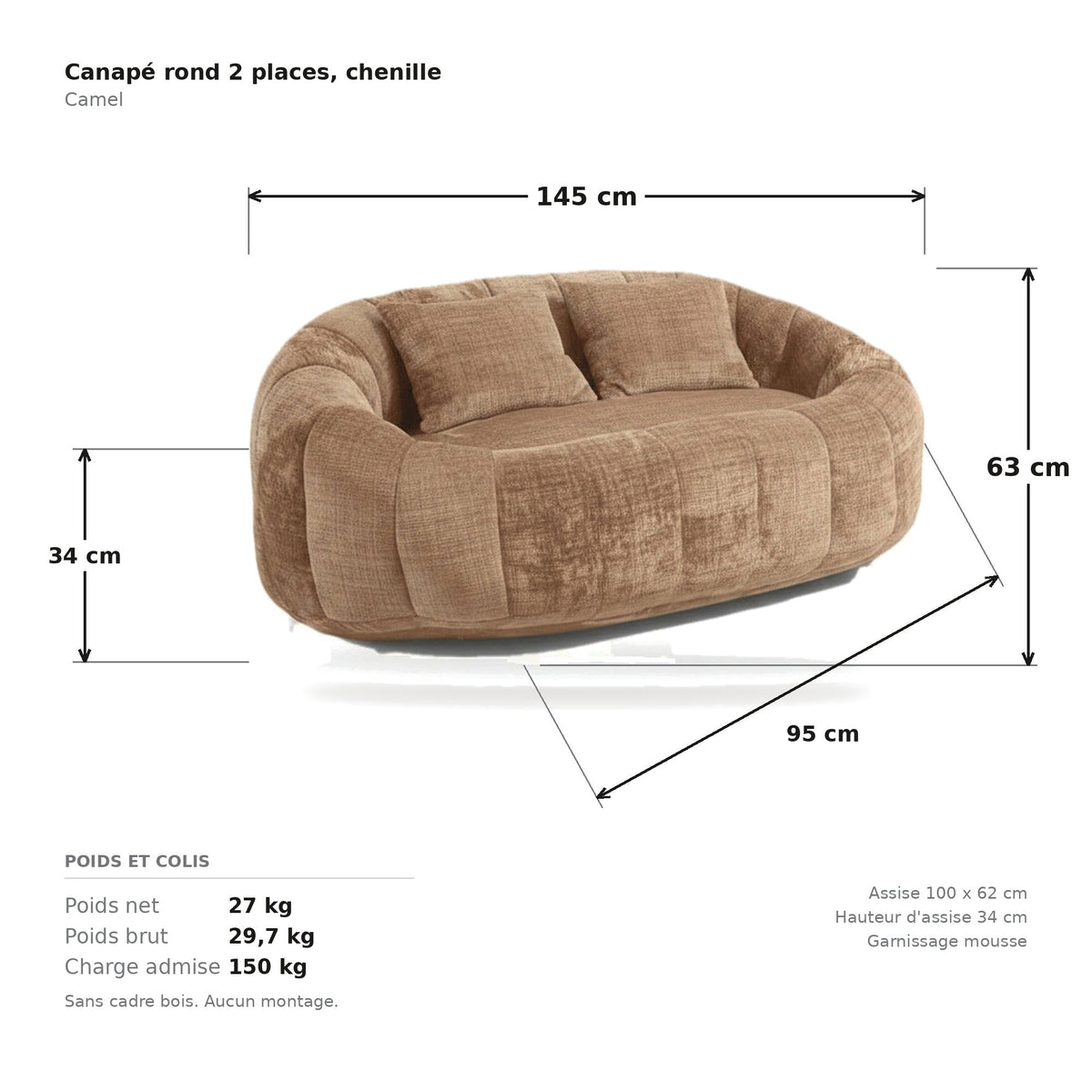 Canapé pouf 2 places en chenille, coloris camel, planche cotée