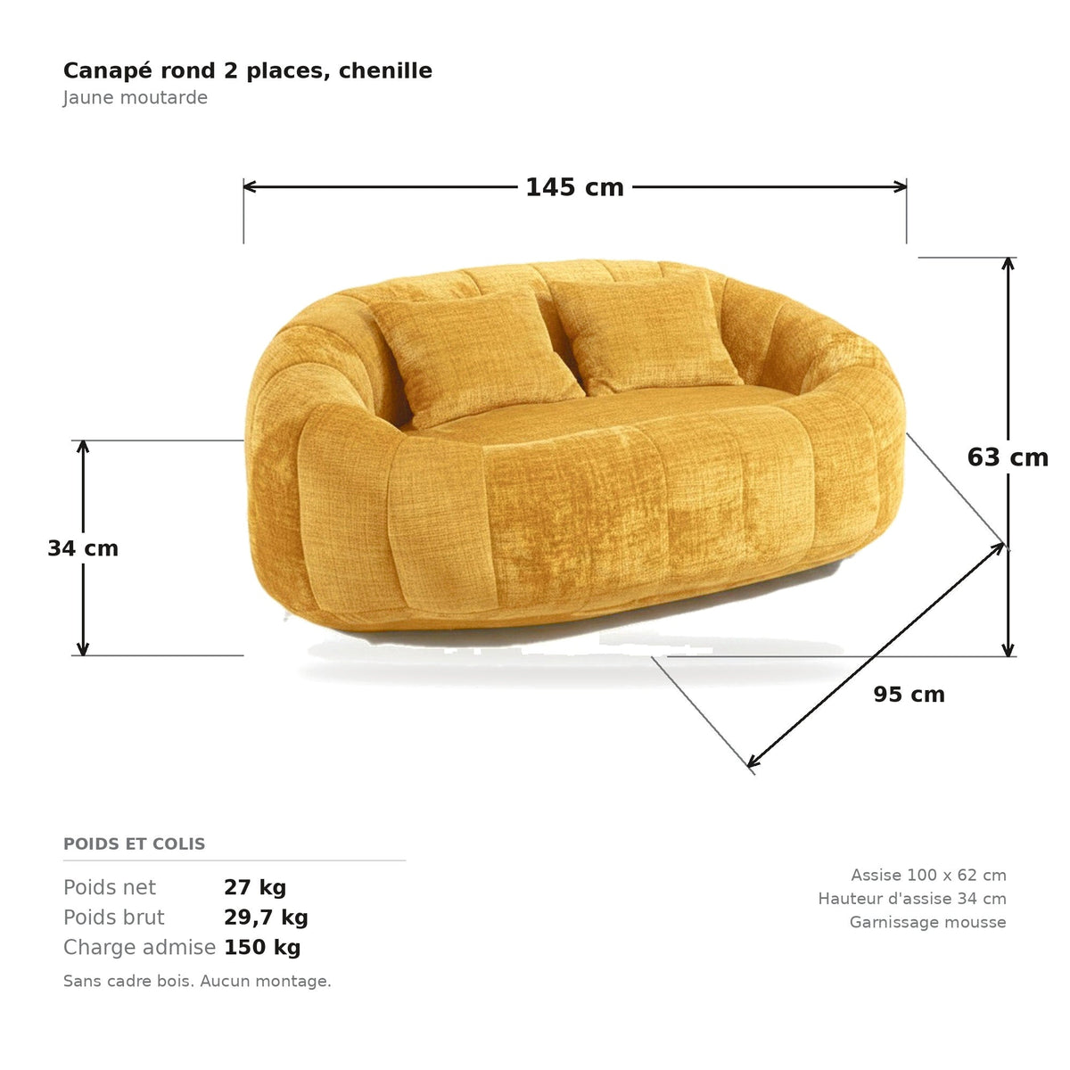 Canapé pouf 2 places en chenille, coloris jaune moutarde, planche cotée