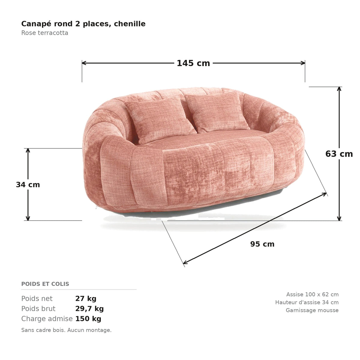 Canapé pouf 2 places en chenille, coloris rose terracotta, planche cotée