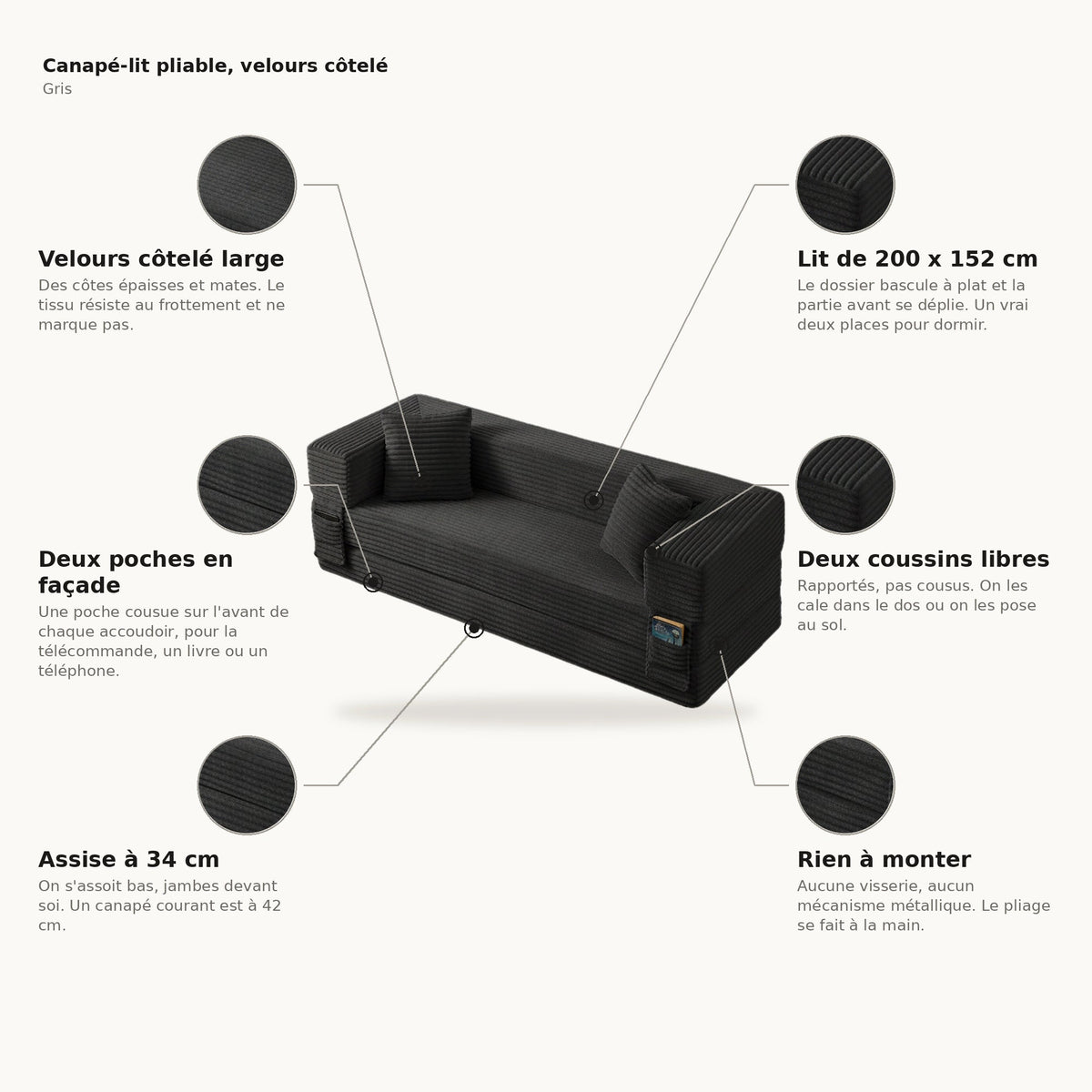 Pouf lit pliant en velours côtelé, coloris gris, planche des points forts