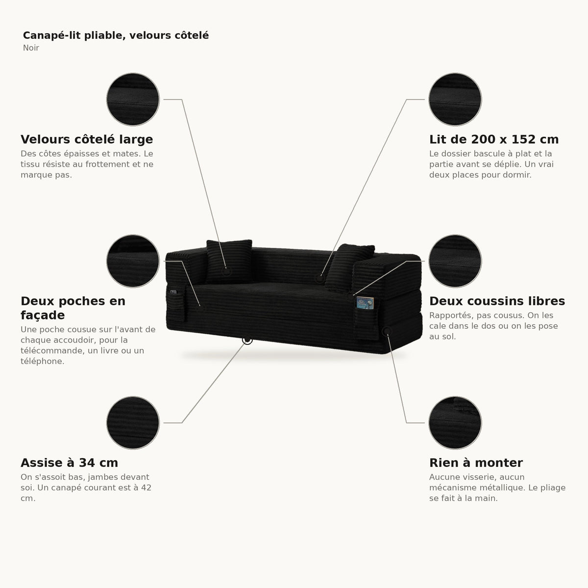 Pouf lit pliant en velours côtelé, coloris noir, planche des points forts