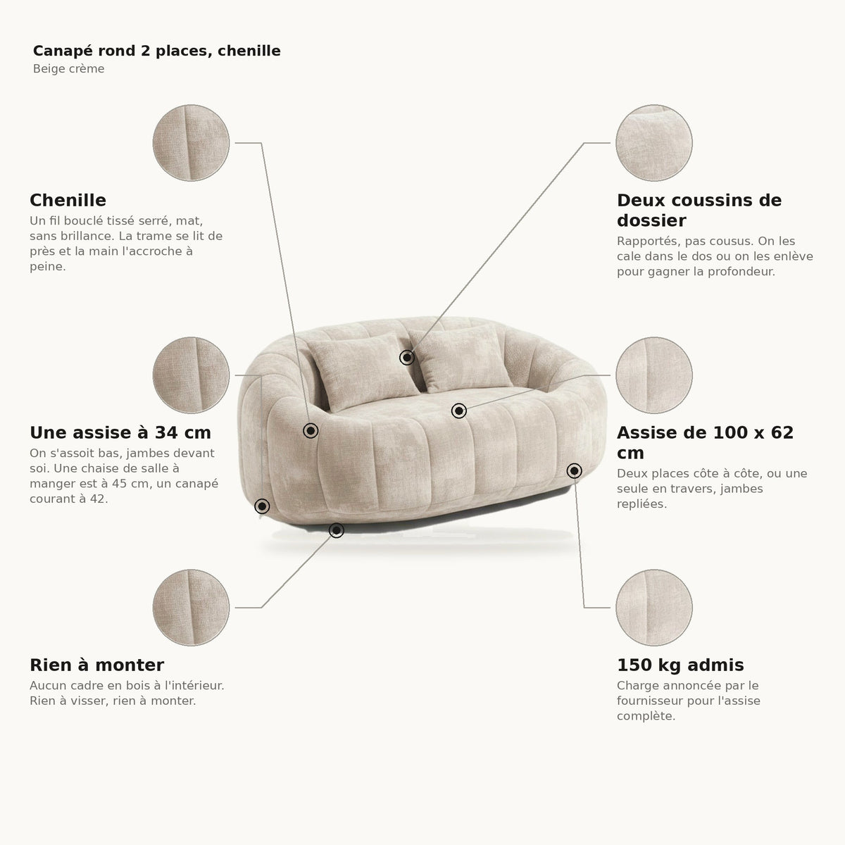 Canapé pouf 2 places en chenille, coloris beige crème, planche des points forts