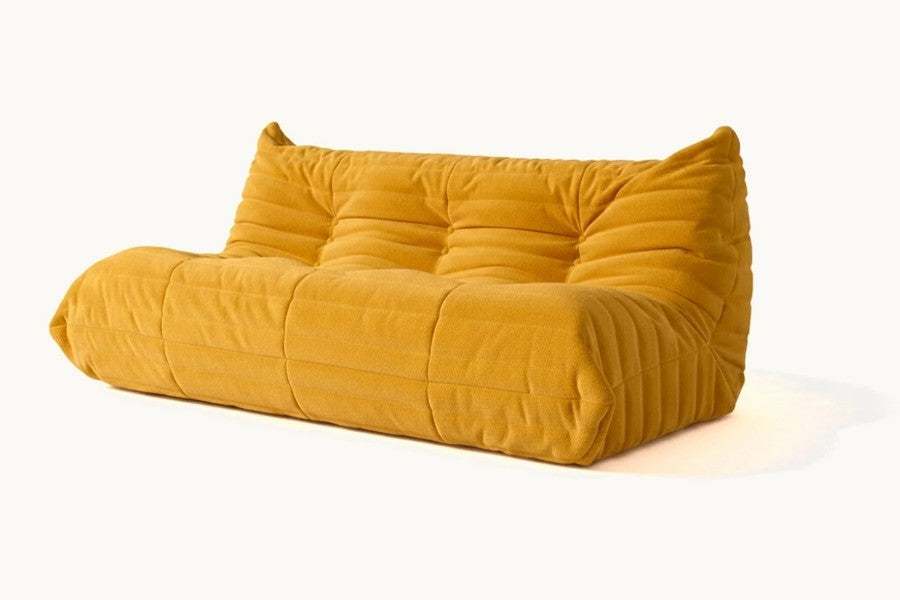 Pastille canapé de sol 3 places en velours teddy, coloris jaune moutarde