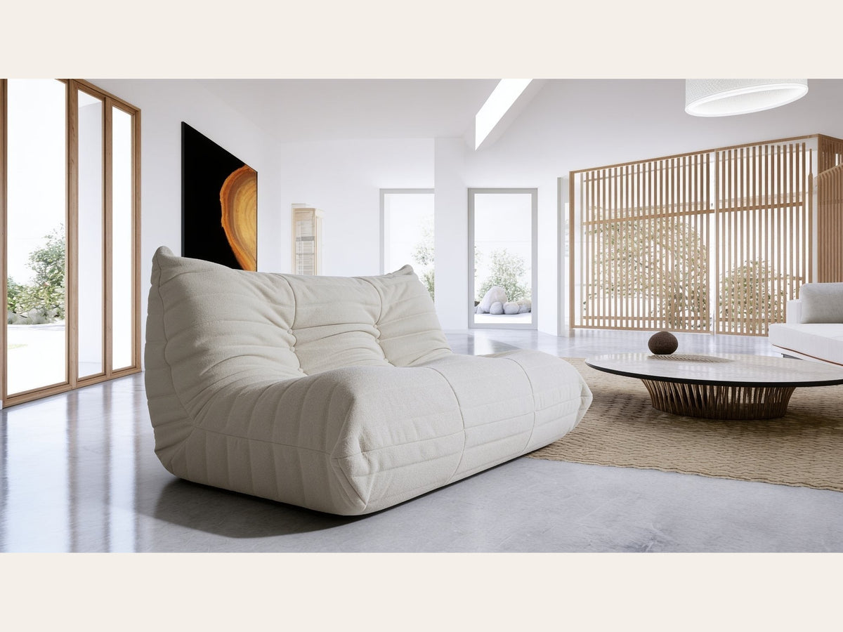 Canapé modulable bas 2 places, velours teddy blanc écru, en situation dans un intérieur