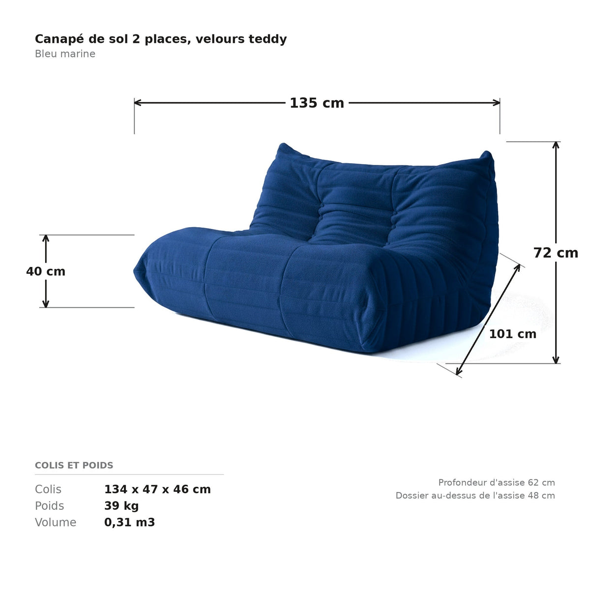 Canapé de sol 2 places, cotes et dimensions du colis, velours teddy bleu marine