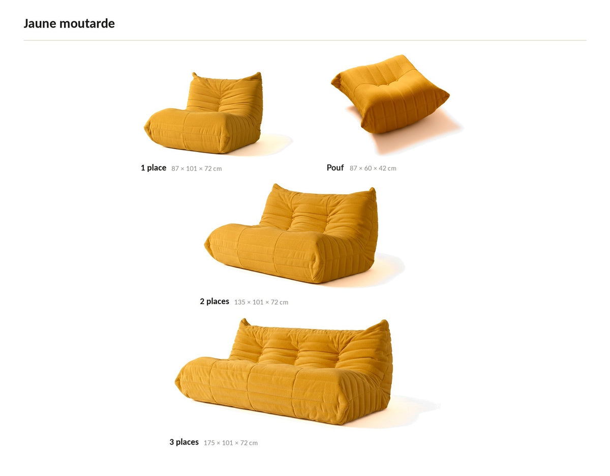 Canapé modulable bas 2 places, les quatre tailles de la gamme en velours teddy jaune moutarde