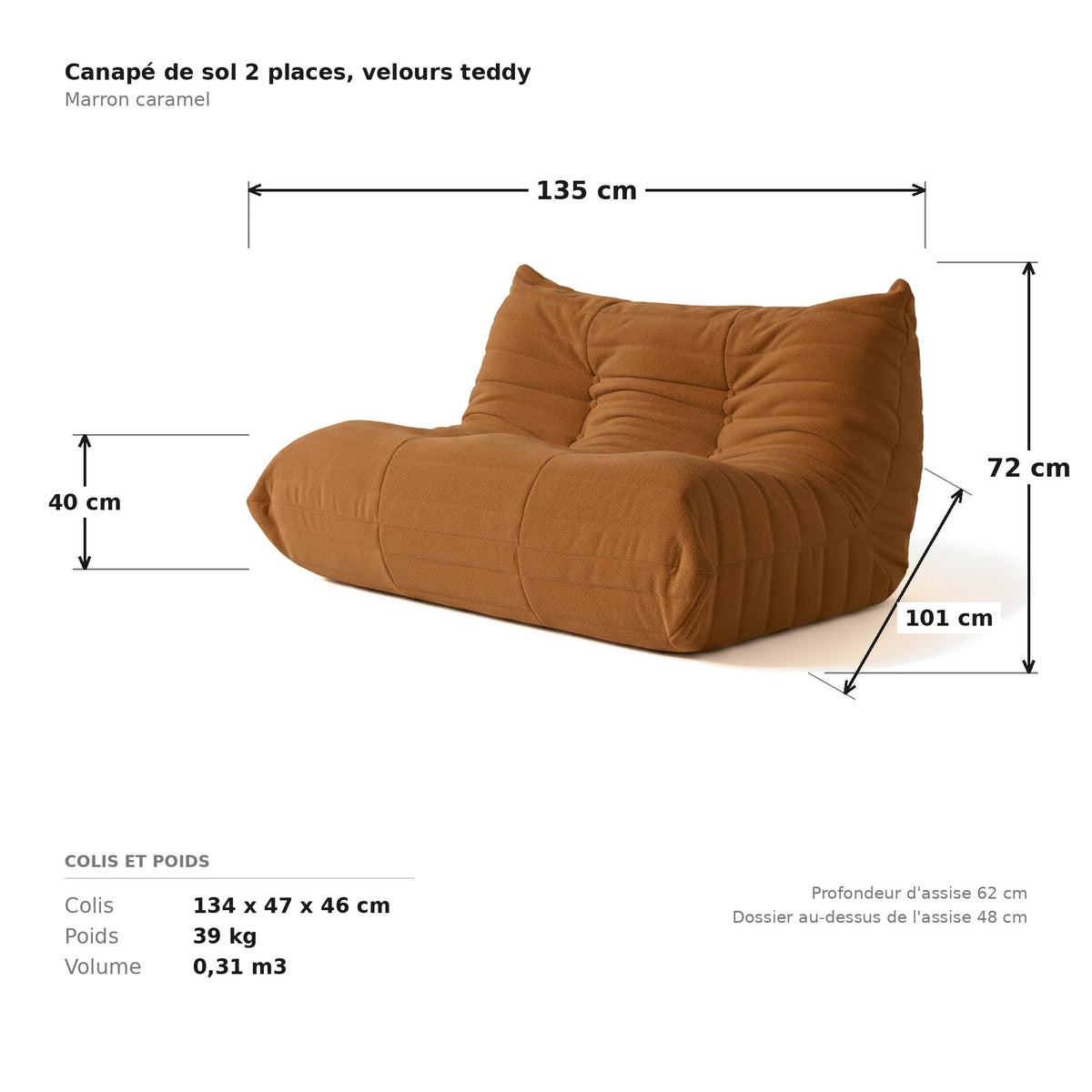 Canapé de sol 2 places, cotes et dimensions du colis, velours teddy marron caramel