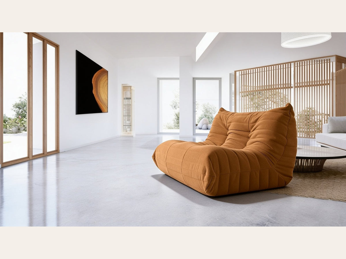 Canapé modulable bas 2 places, velours teddy marron caramel, en situation dans un intérieur
