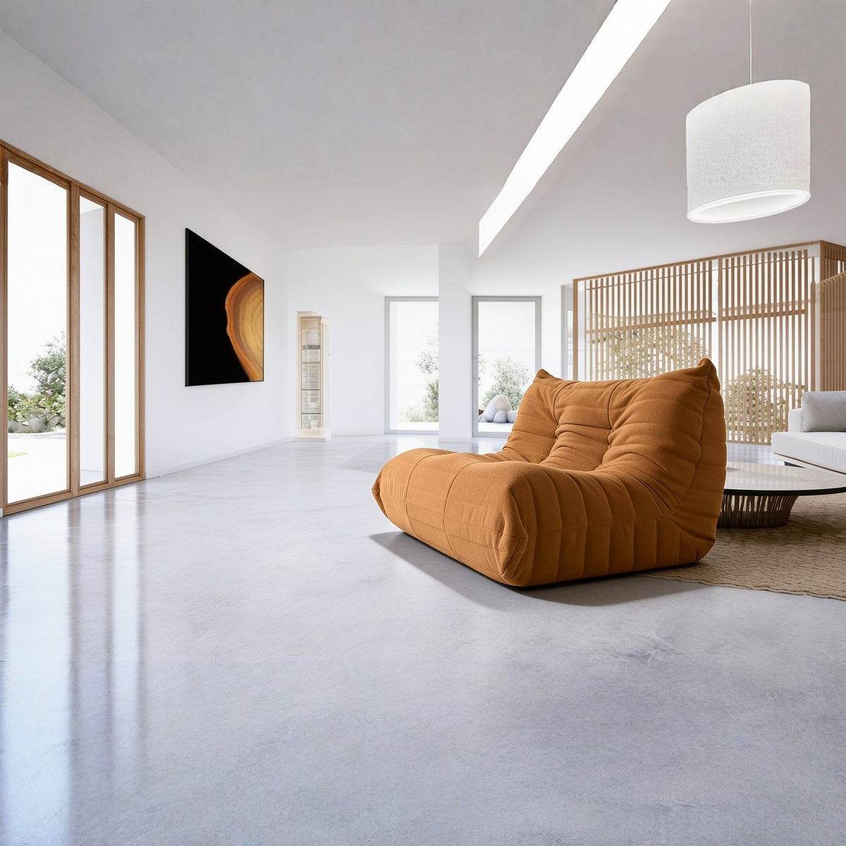Canapé modulable bas 2 places, velours teddy marron caramel, en situation dans un intérieur