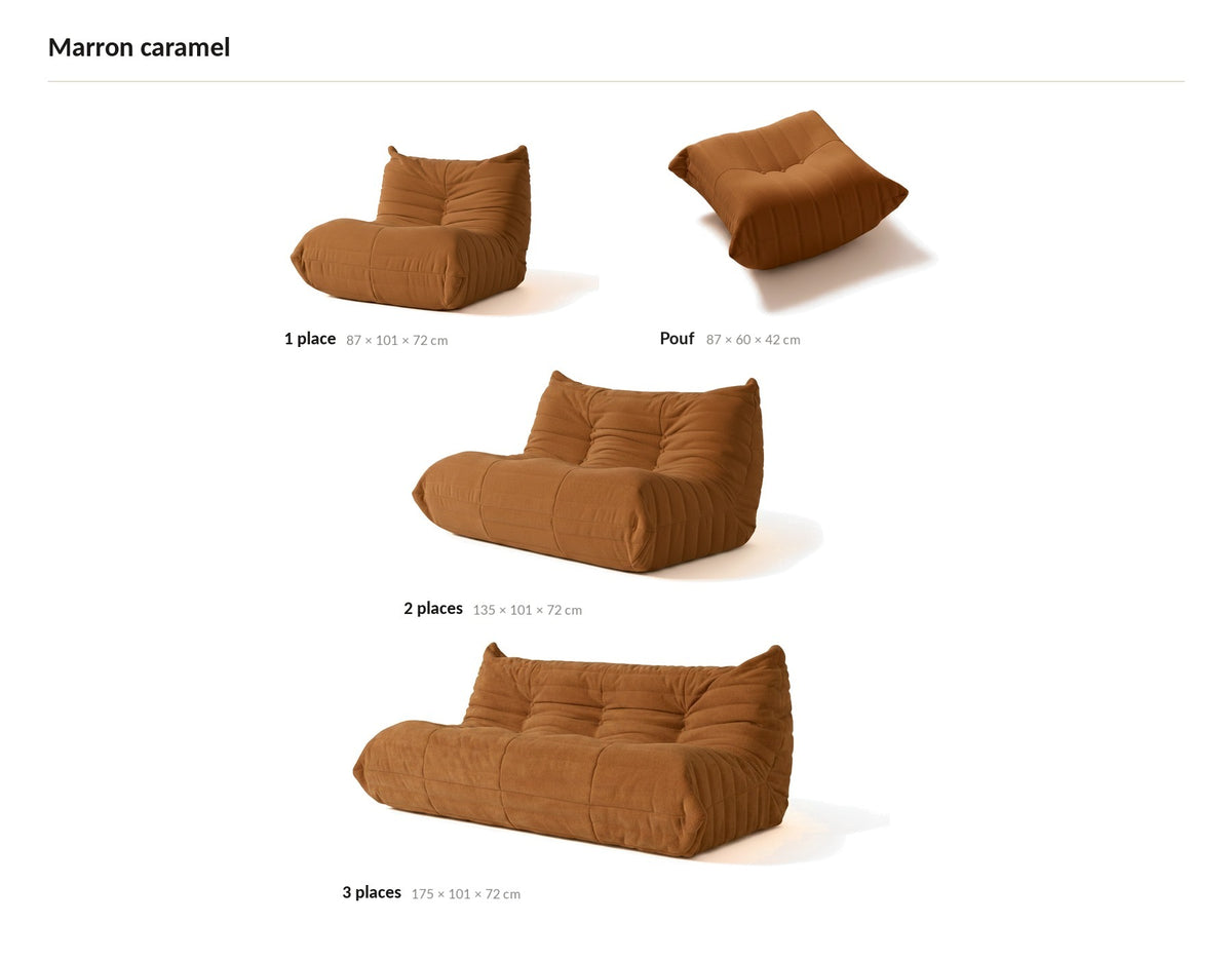 Canapé modulable bas 2 places, les quatre tailles de la gamme en velours teddy marron caramel
