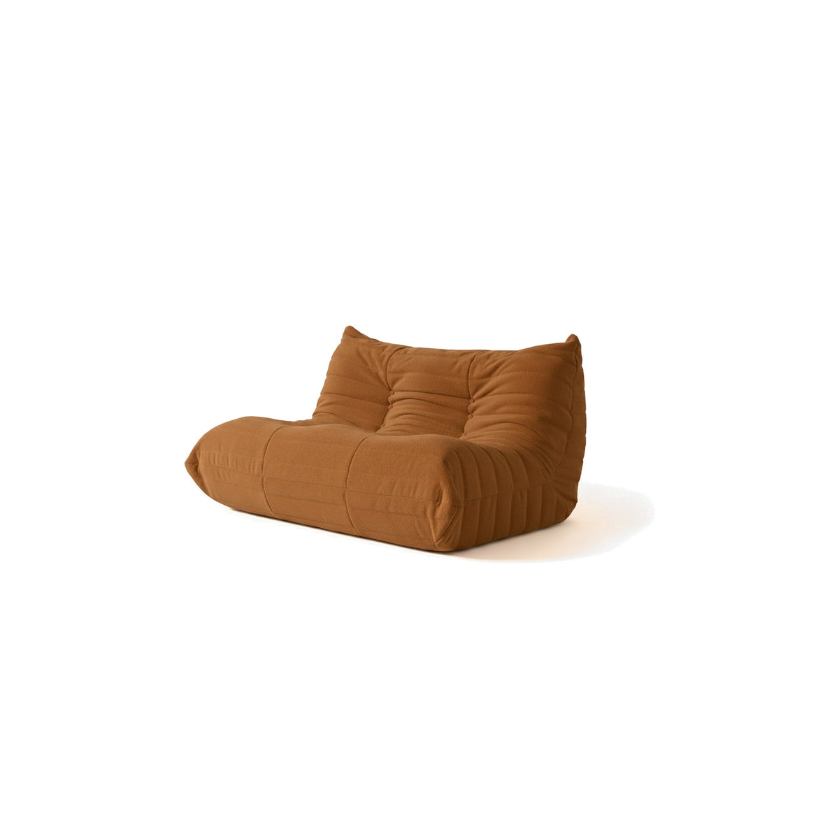 Canapé modulable bas 2 places, velours teddy marron caramel, vue de trois quarts avant