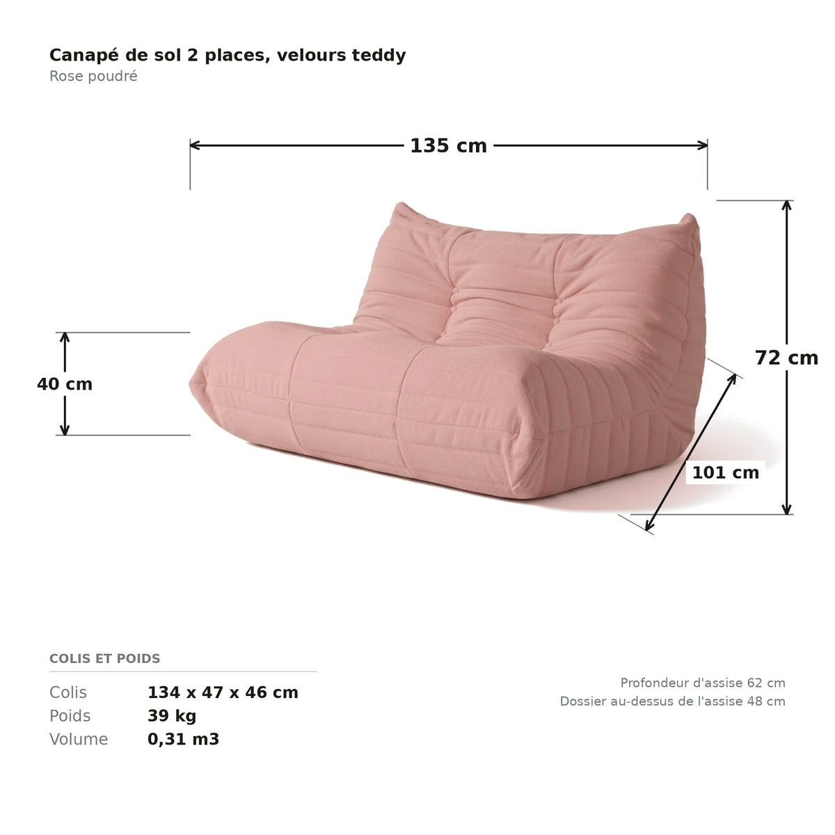 Canapé de sol 2 places, cotes et dimensions du colis, velours teddy rose poudré