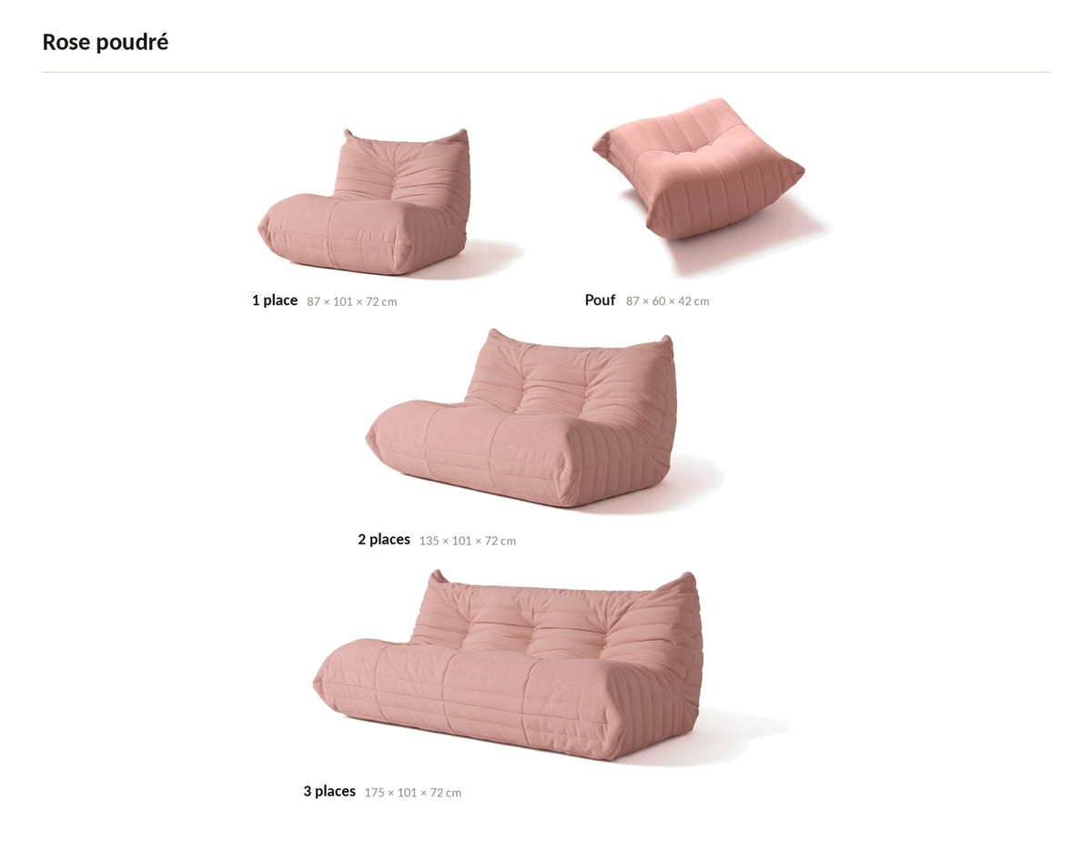 Canapé modulable bas 2 places, les quatre tailles de la gamme en velours teddy rose poudré