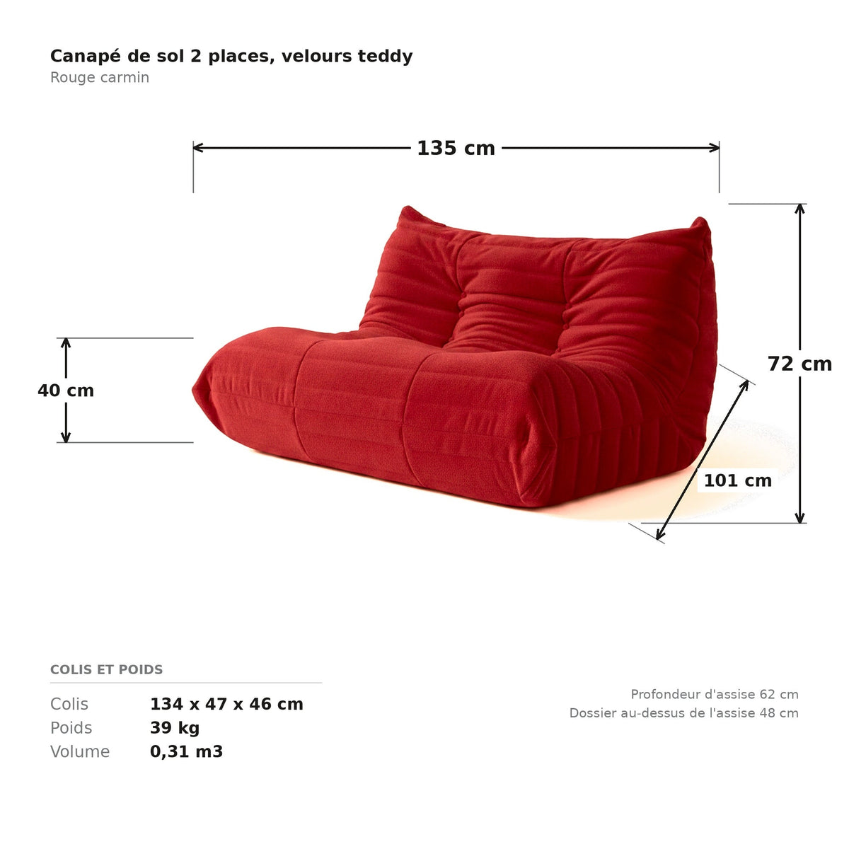 Canapé de sol 2 places, cotes et dimensions du colis, velours teddy rouge carmin