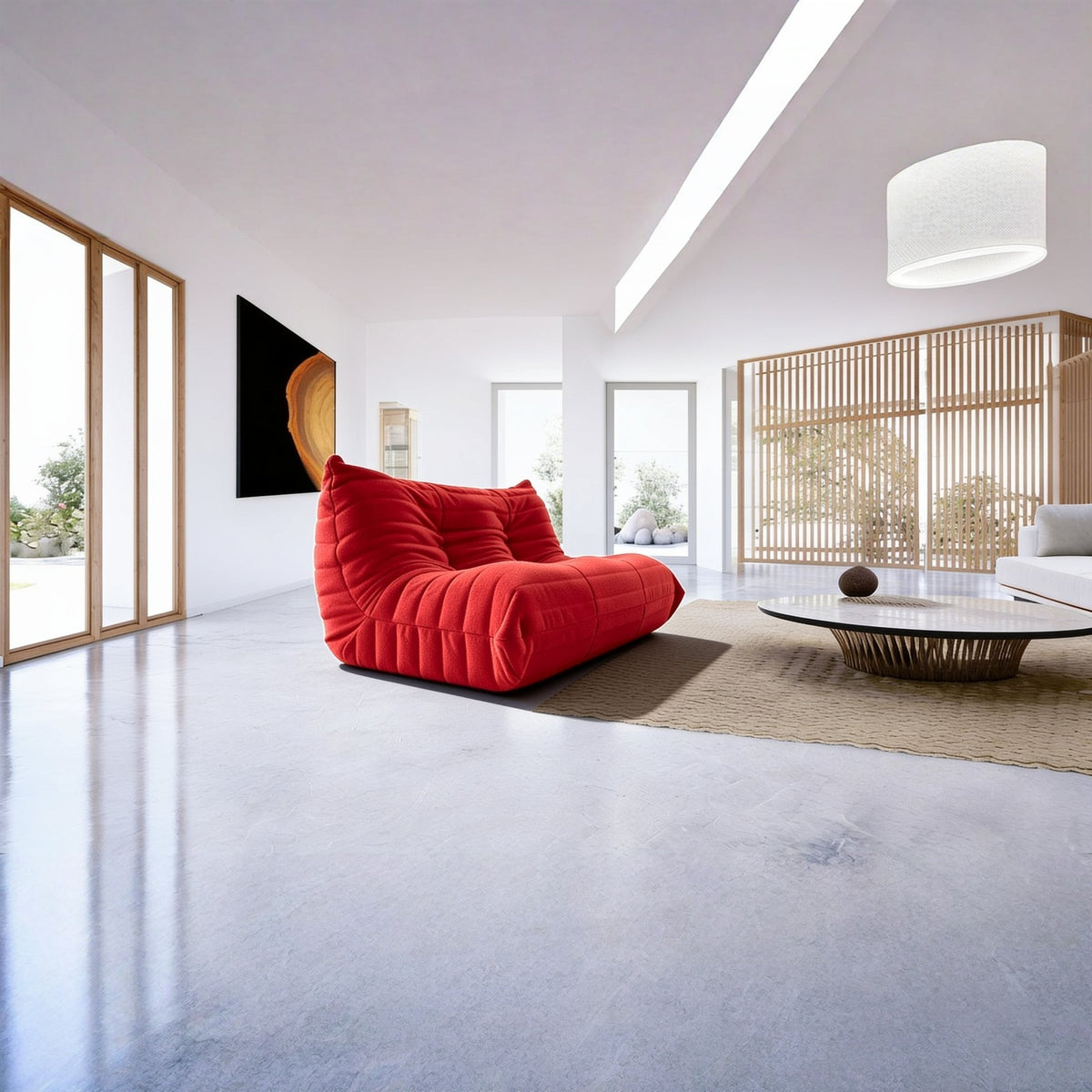 Canapé modulable bas 2 places, velours teddy rouge carmin, en situation dans un intérieur